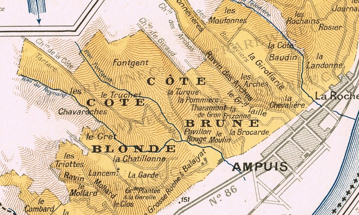 This 1940s map by Larmat highlights some of the more renowned single vineyards like La Chatillone, Pommière, La Mouline, La Turque, La Garde and La Chevalière
